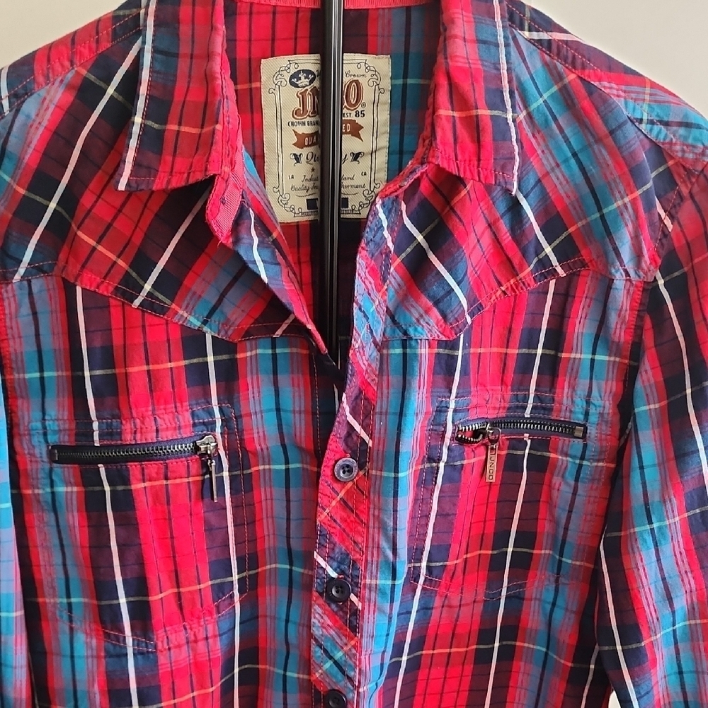 JNCO Red Blue Plaid Button Down Shirt Y2K Streetwear - Picture 2 of 4